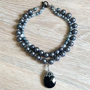 Gothic Grey and Black Faux Pearl Double Strand Pendant Necklace